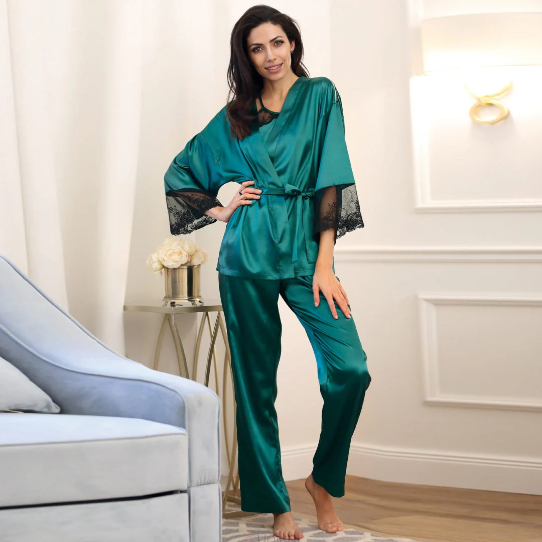 Unikat Harper Elegant Satin Bathrobe Green Nightwear - Image 2
