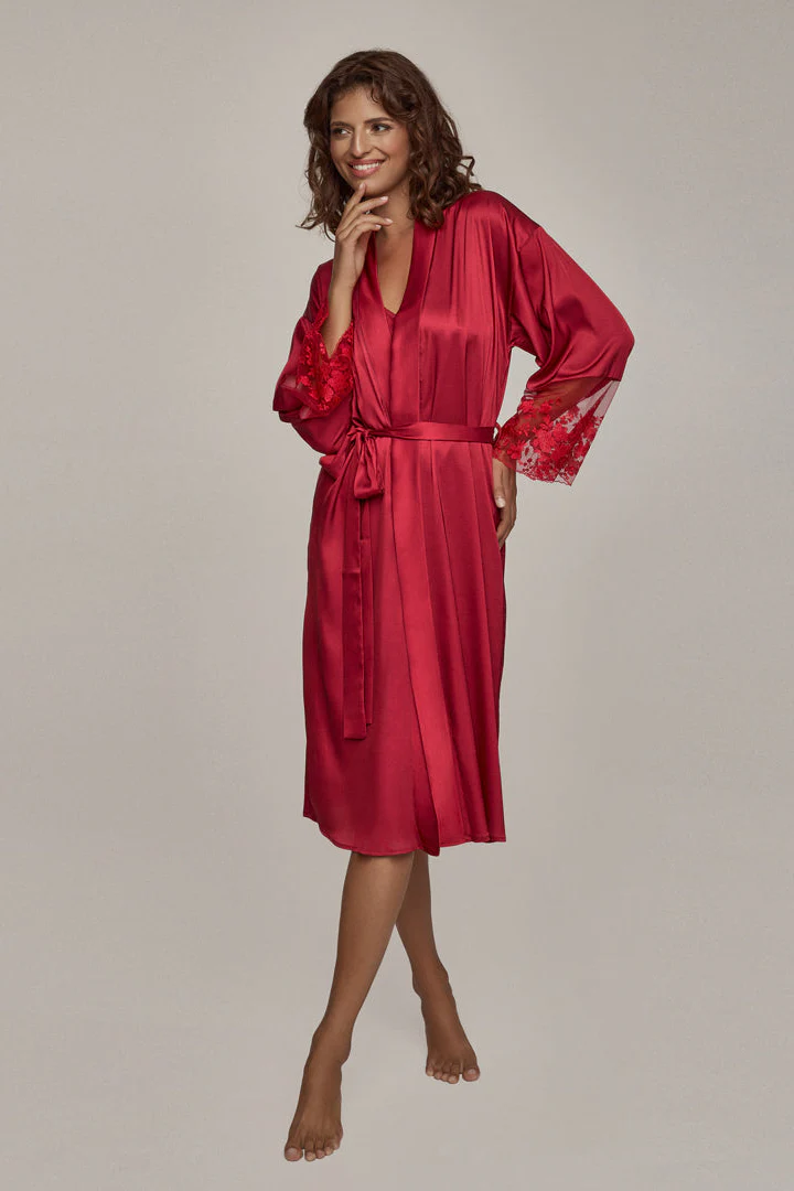 Long Sleeve Satin Bathrobe Ruby Red Tango - Image 3