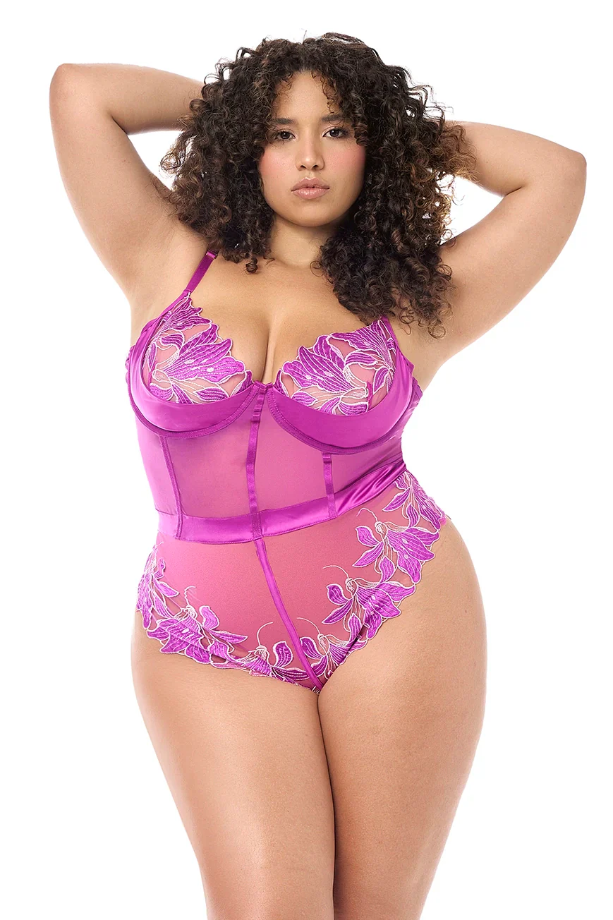 Mapale Twilight Orchid Sheer Embroidered Teddy - Image 3