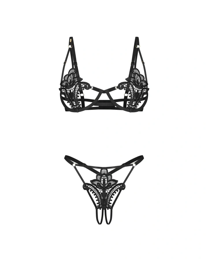 Obsessive Luise Sublim Black Lace Cut-Out Bra & Crotchless Thong Set - Image 5