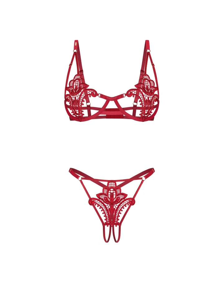 Obsessive Luise Sublim Red Lace Cut-Out Bra & Crotchless Thong Set - Image 9