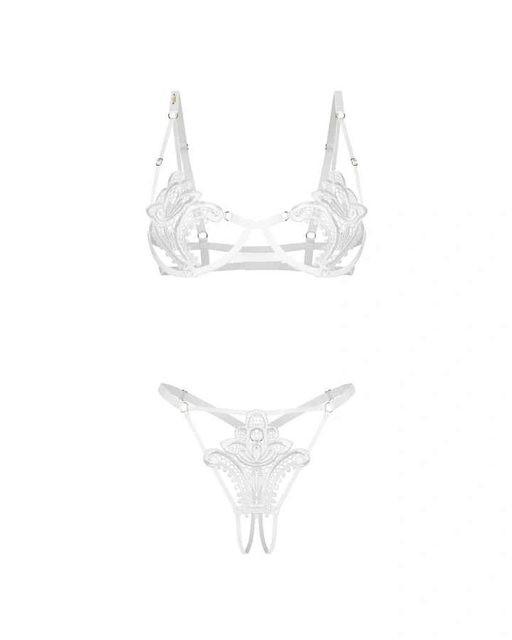 Obsessive Luise Sublim White Lace Open Cup Bra & Crotchless Thong Set - Image 5