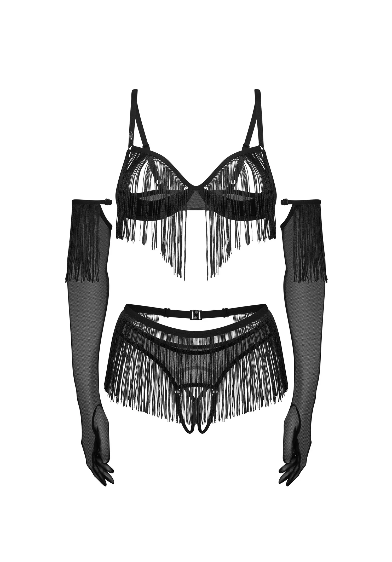 Obsessive Midnight Tease Rossay Black Open Cup Bra Crotchless Panties 4-pcs Set