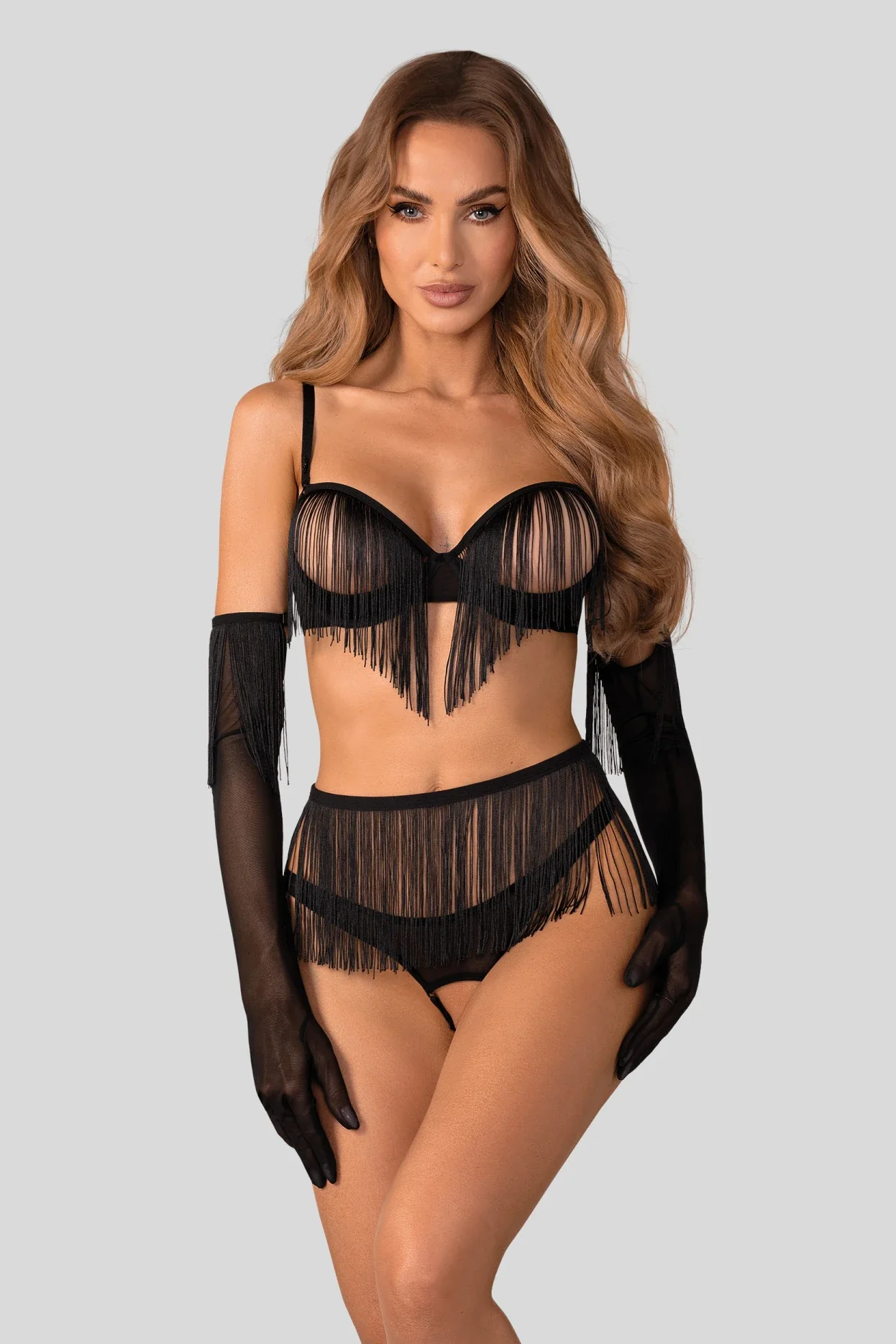 Obsessive Midnight Tease Rossay Black Open Cup Bra Crotchless Panties 4-pcs Set - Image 2