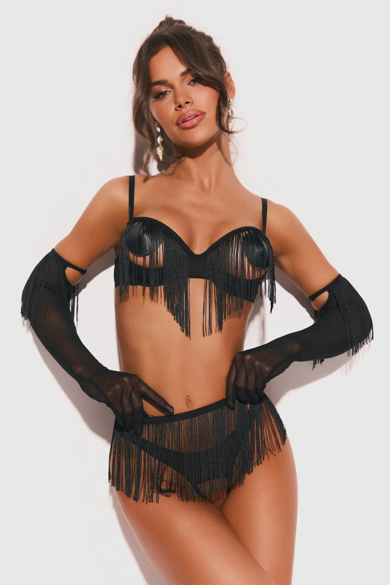 Obsessive Midnight Tease Rossay Black Open Cup Bra Crotchless Panties 4-pcs Set - Image 4