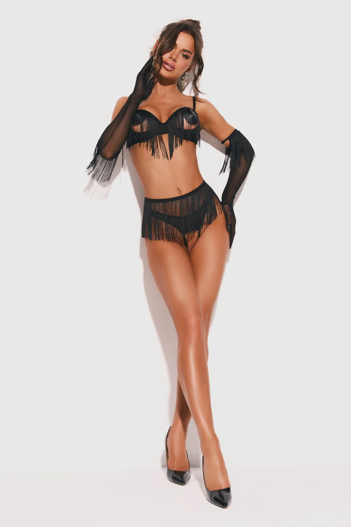 Obsessive Midnight Tease Rossay Black Open Cup Bra Crotchless Panties 4-pcs Set - Image 5
