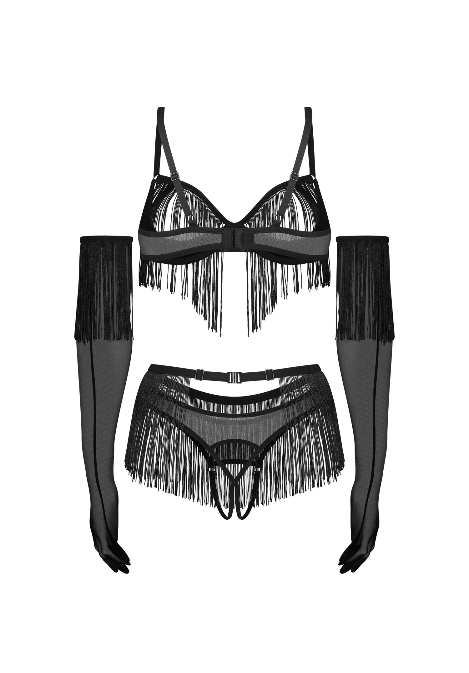 Obsessive Midnight Tease Rossay Black Open Cup Bra Crotchless Panties 4-pcs Set - Image 6