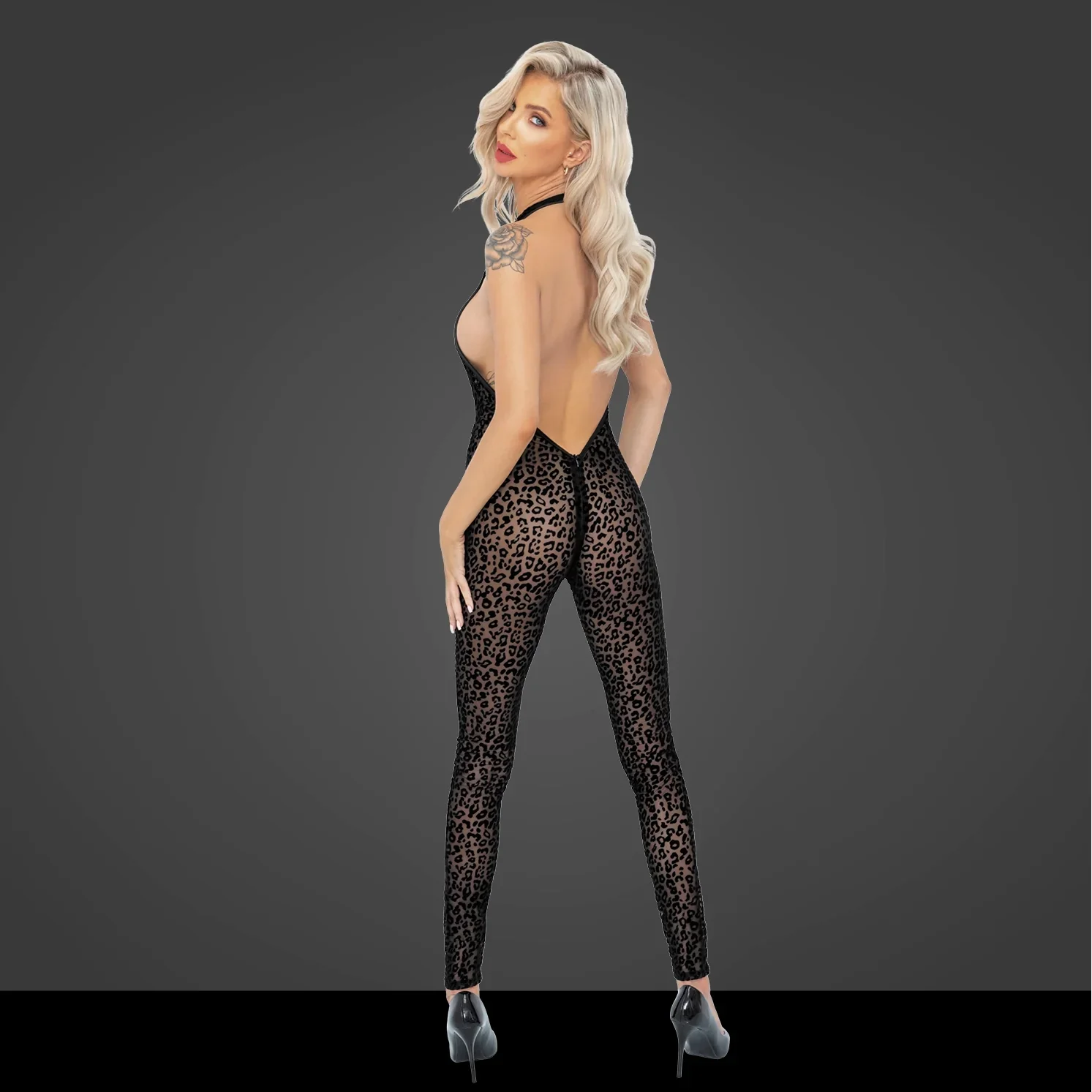 See Through Leopard Flock Halter Catsuit Noir Handmade - Image 2