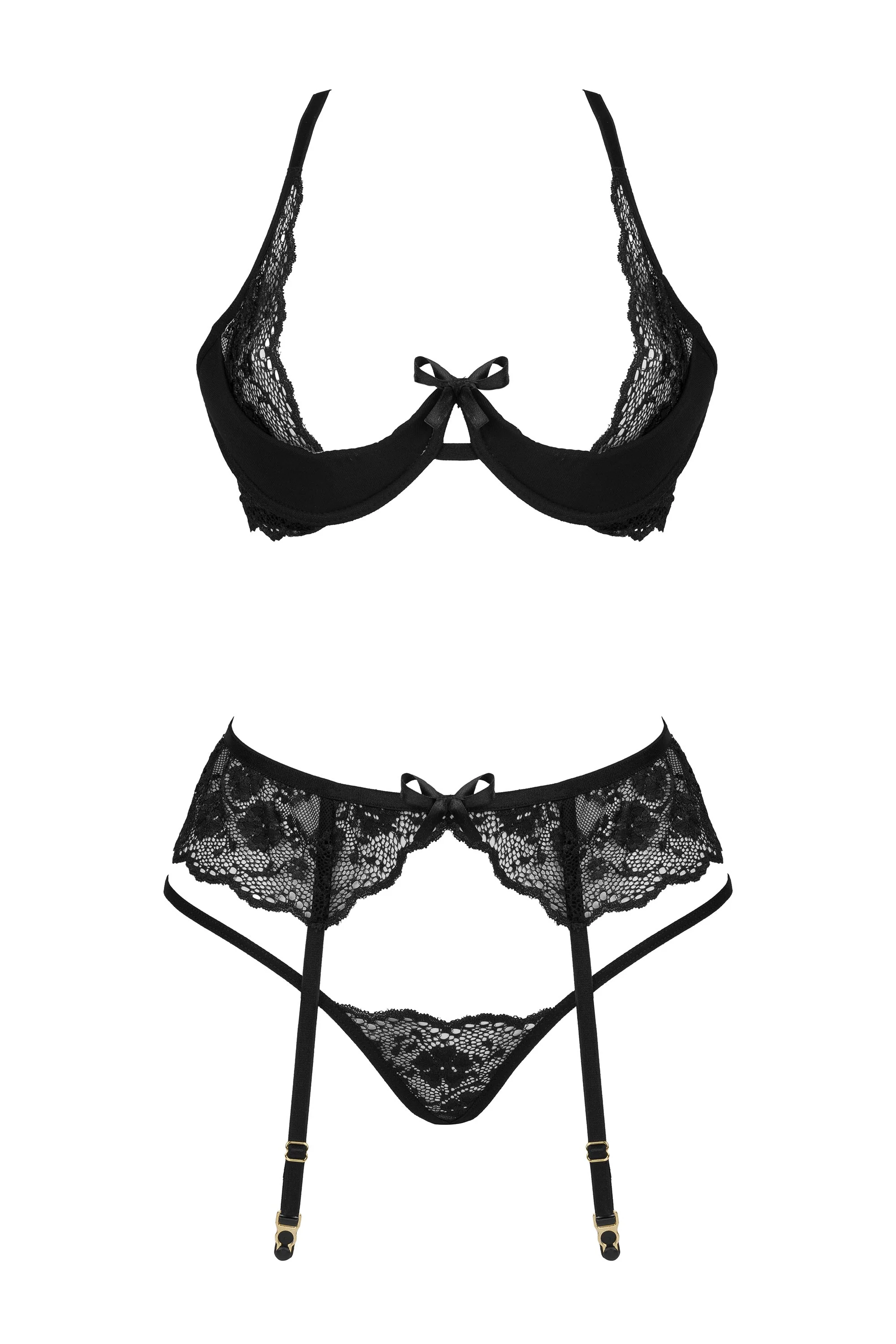 Beauty Night Rose Black Sheer Lace Plunge Bra Garter Belt & Sexy G-String - Image 5