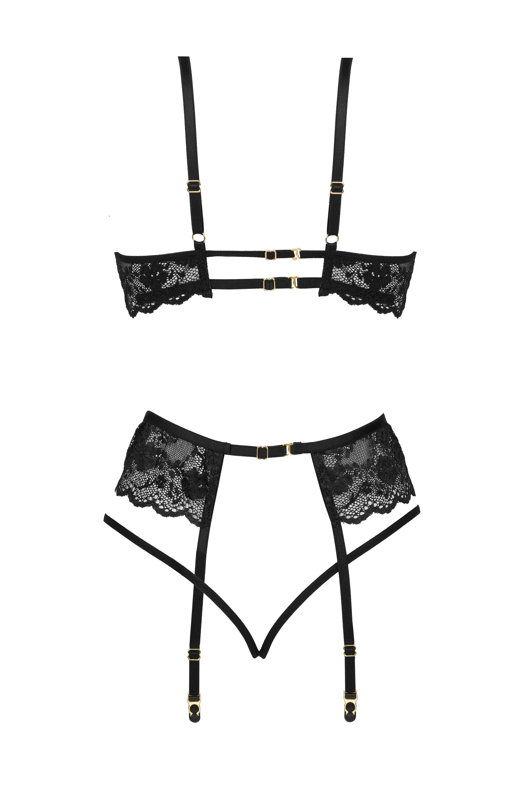 Beauty Night Rose Black Sheer Lace Plunge Bra Garter Belt & Sexy G-String - Image 6