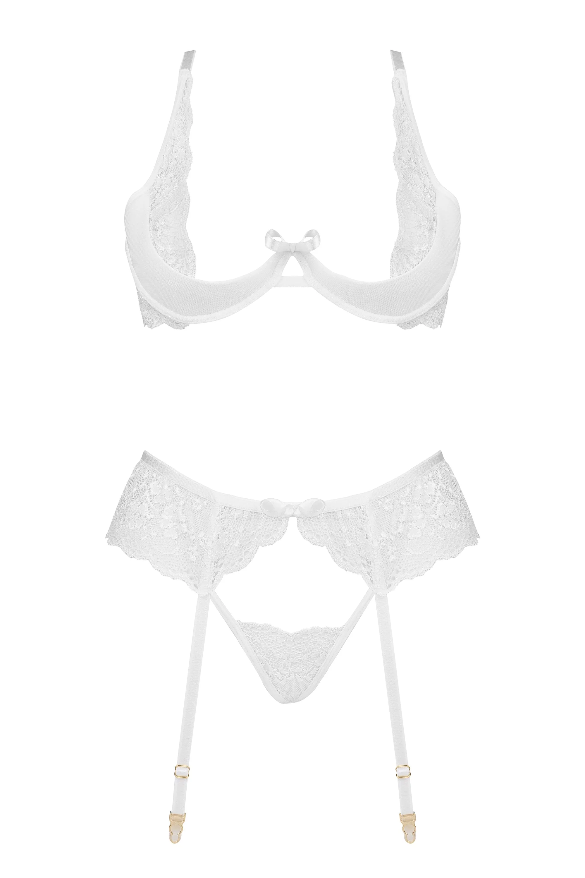 Beauty Night Rose White Sheer Lace Plunge Bra Garter Belt & Sexy G-String - Image 8