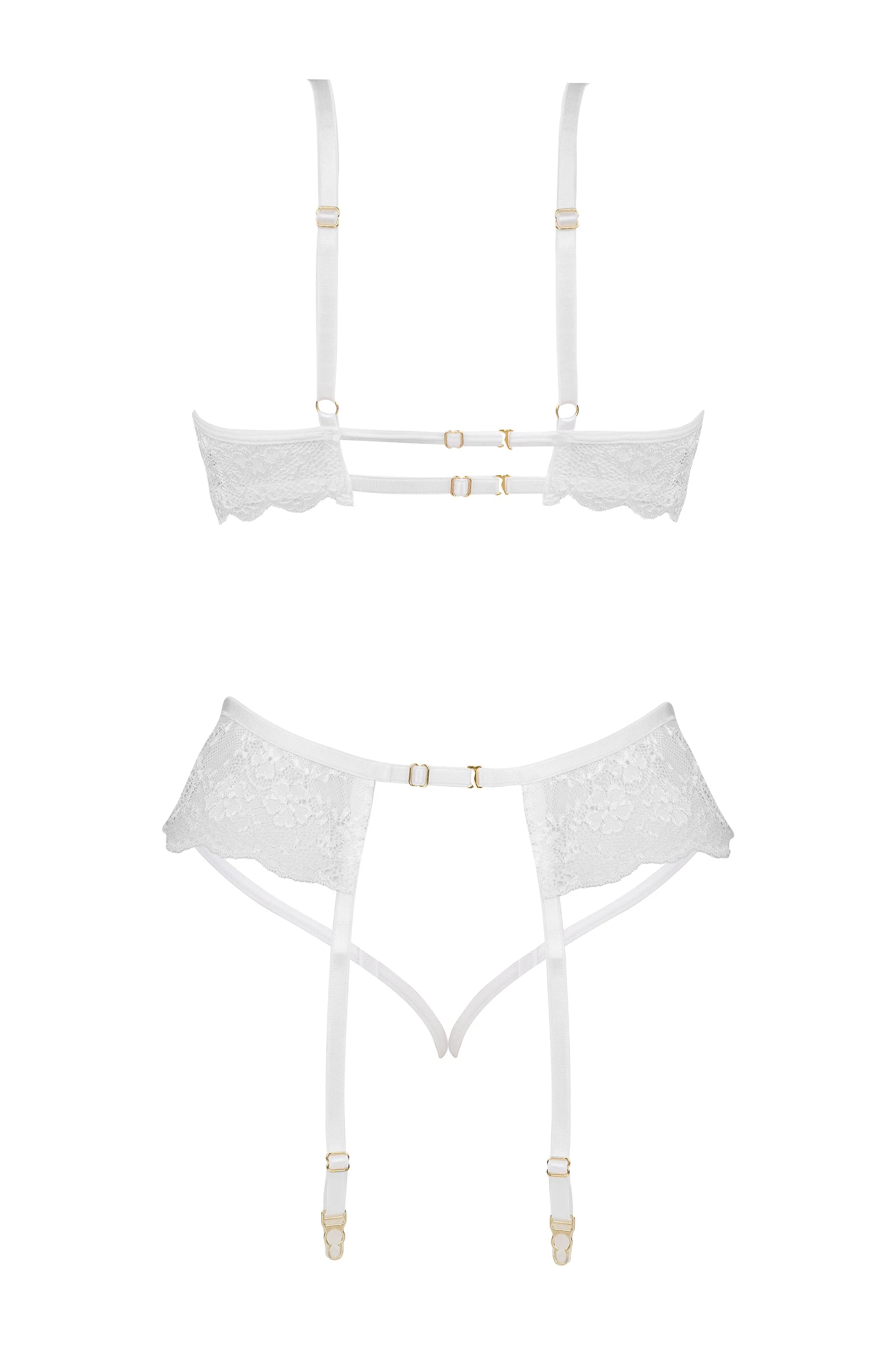 Beauty Night Rose White Sheer Lace Plunge Bra Garter Belt & Sexy G-String - Image 9