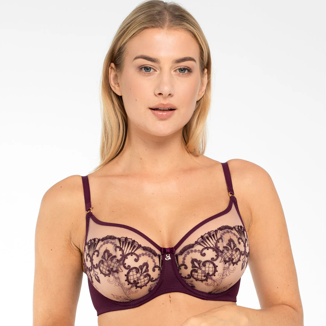 Samanta Perla Aubergine Sheer Mesh Embroidered Underwire Bra