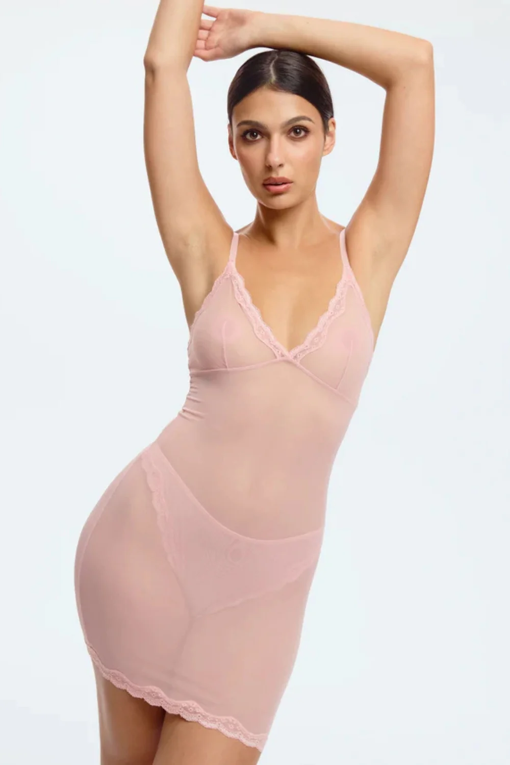 Blush Lotus Rosewater Sheer Mesh Lace Trim Slip Dress