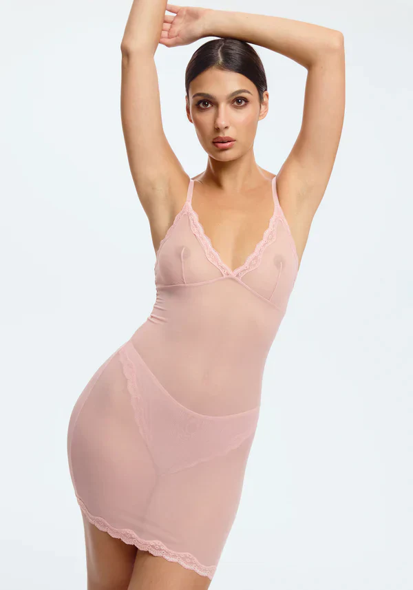 Blush Lotus Rosewater Sheer Mesh Lace Trim Slip Dress - Image 5