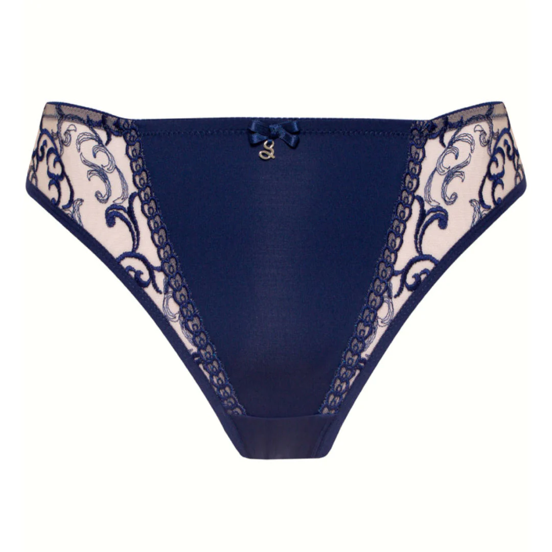 Samanta Hazel Navy Sheer Mesh Tulle Embroidered Tanga Panty - Image 3