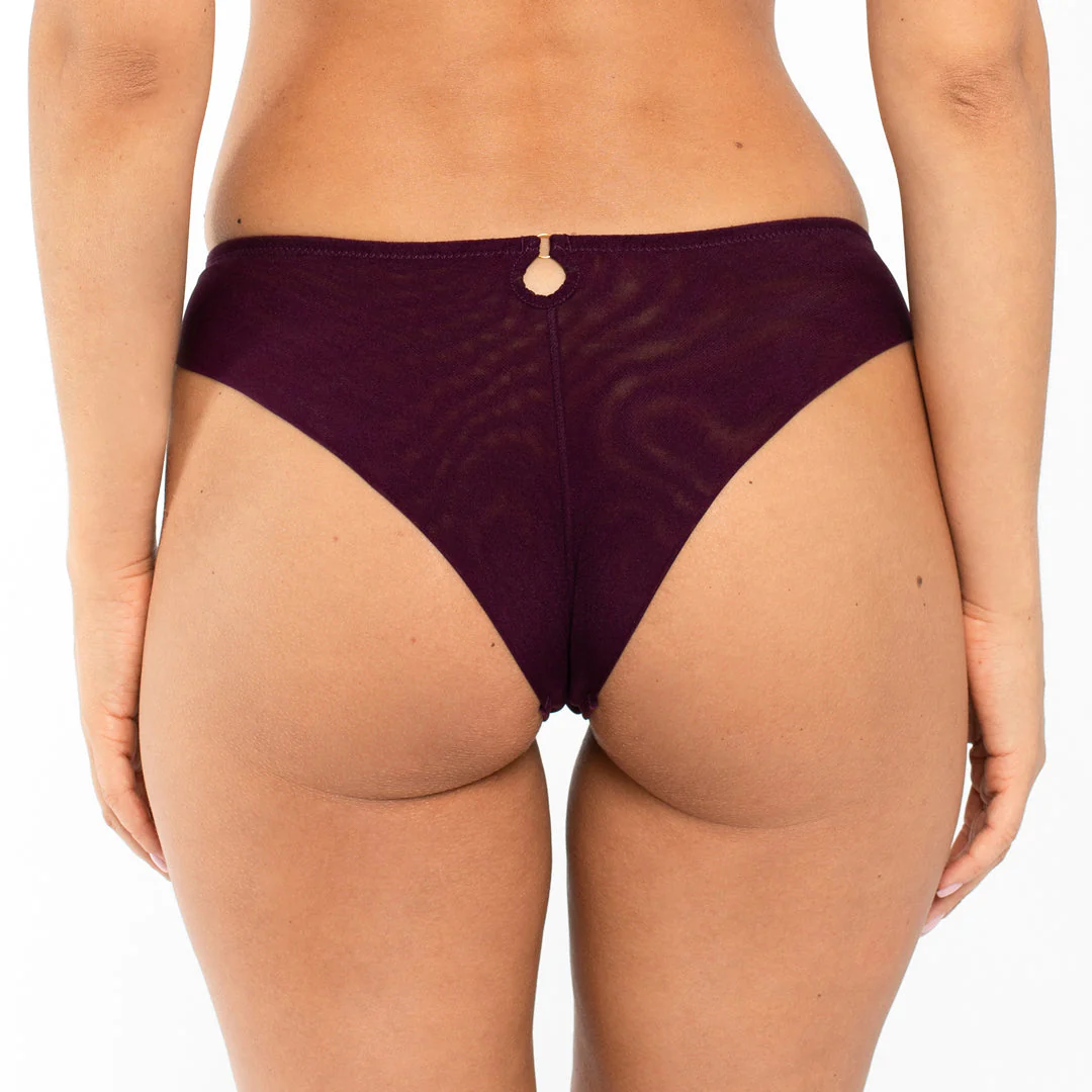 Samanta Perla Aubergine Sheer Mesh Tulle Embroidered Tanga Panty - Image 2