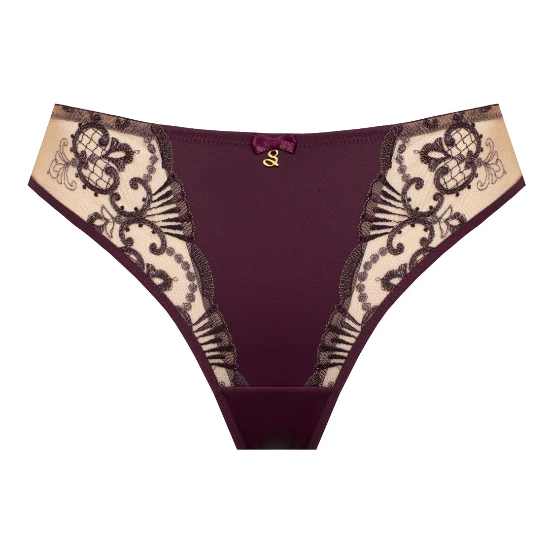 Samanta Perla Aubergine Sheer Mesh Tulle Embroidered Tanga Panty - Image 4