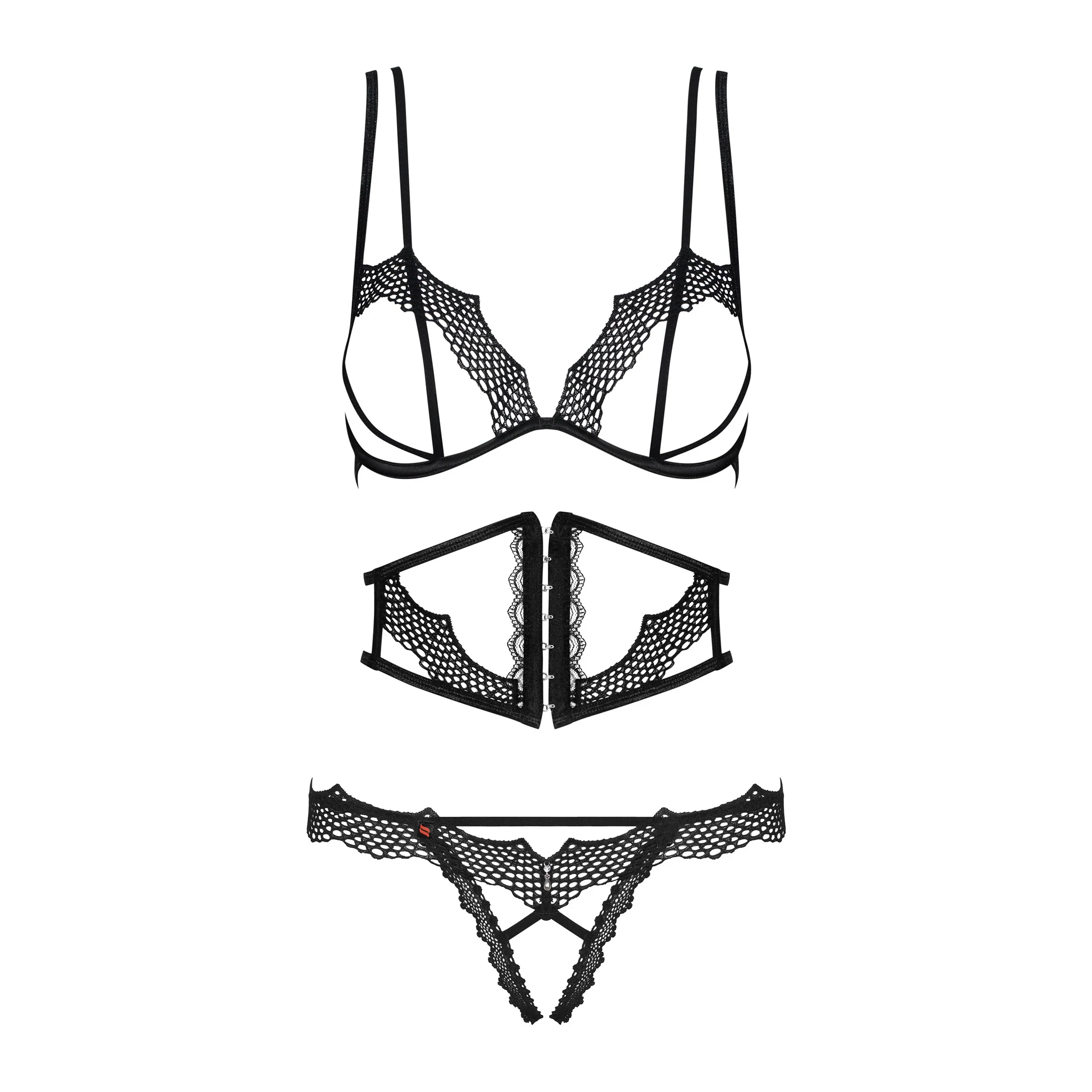 Obsessive Bravelle Open Cup Crotchless String 3 Piece Lingerie Set - Image 3