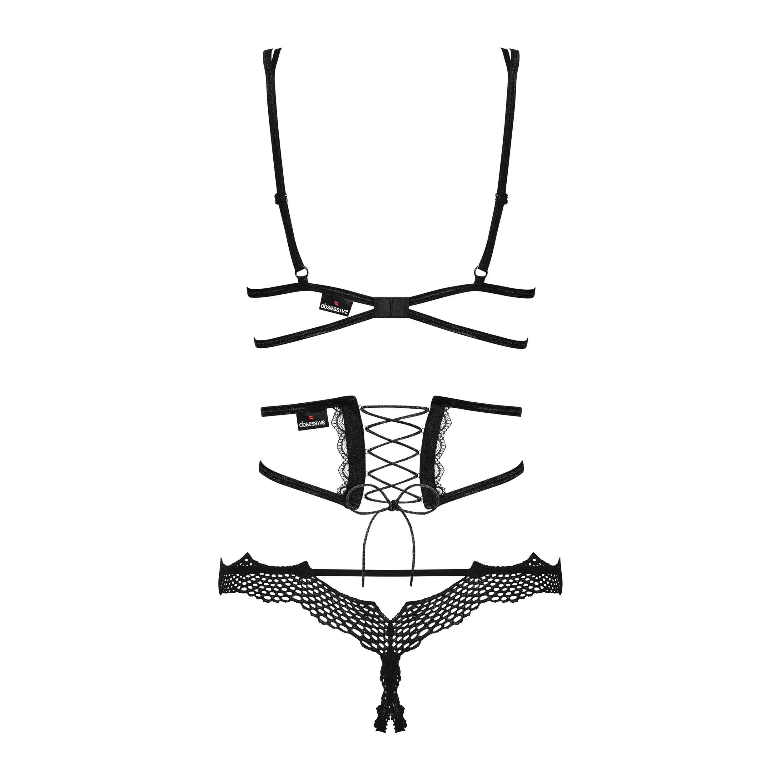 Obsessive Bravelle Open Cup Crotchless String 3 Piece Lingerie Set - Image 4