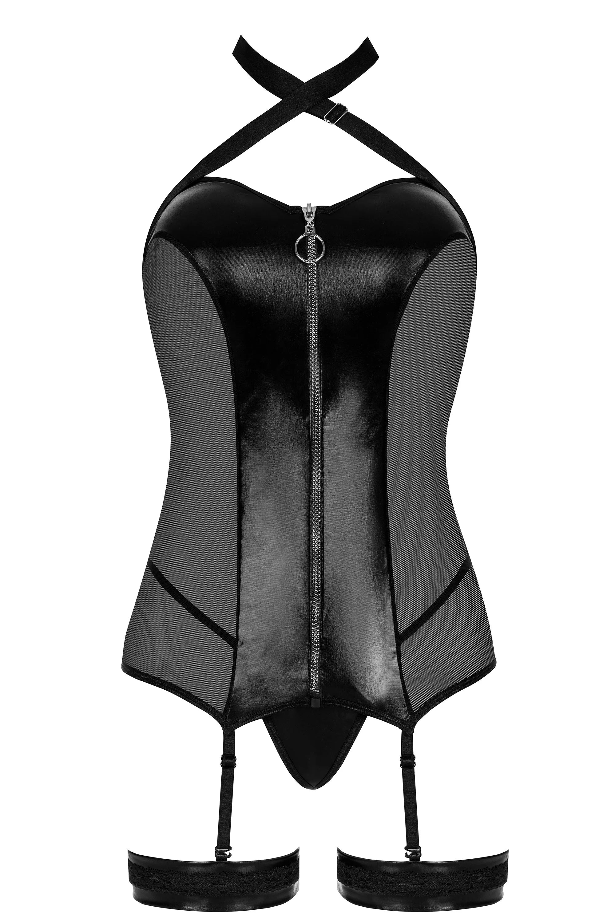 Beauty Night Elegant Zip-Front Wetlook & Mesh Garter Corset Lingerie Set - Image 4