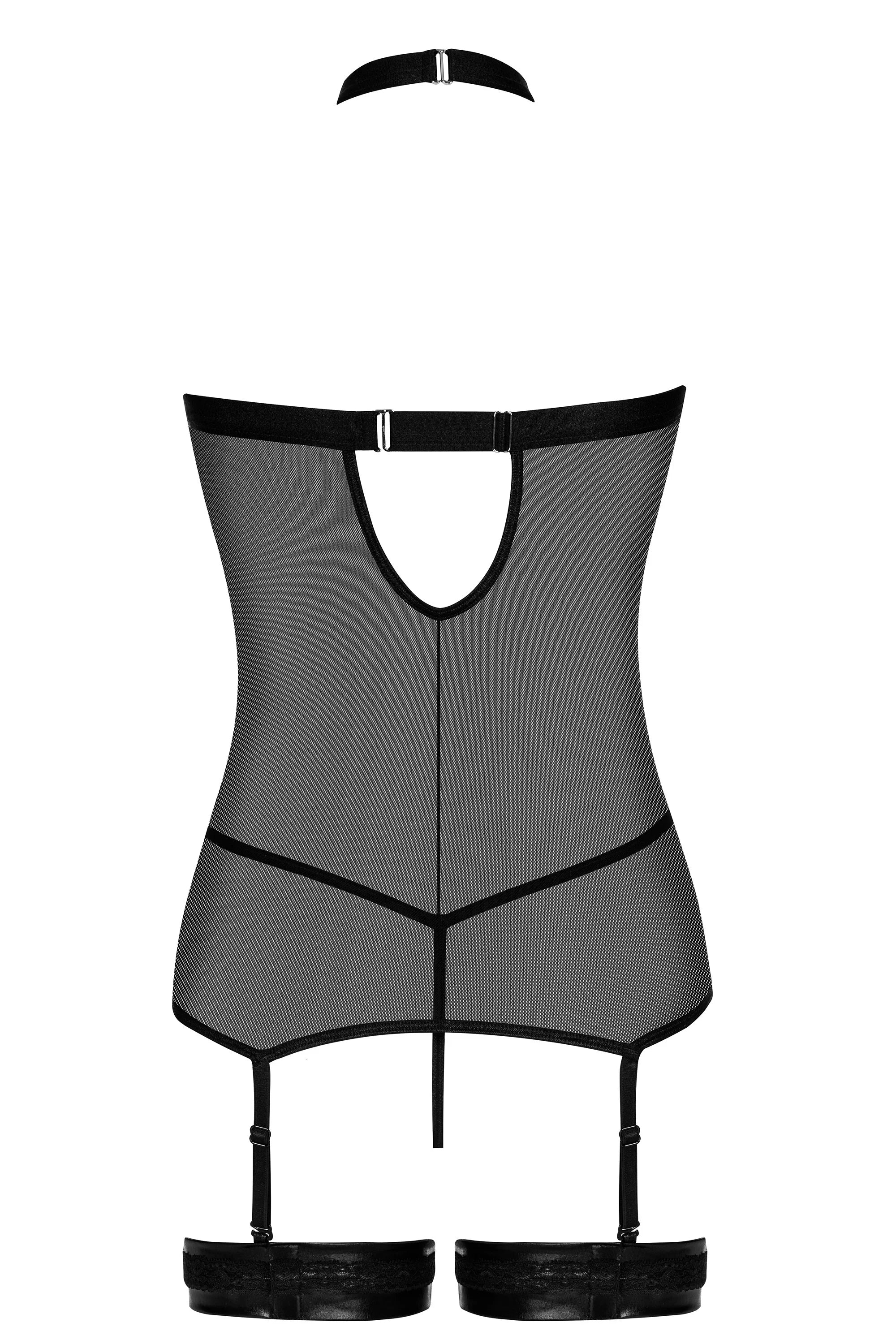Beauty Night Elegant Zip-Front Wetlook & Mesh Garter Corset Lingerie Set - Image 5
